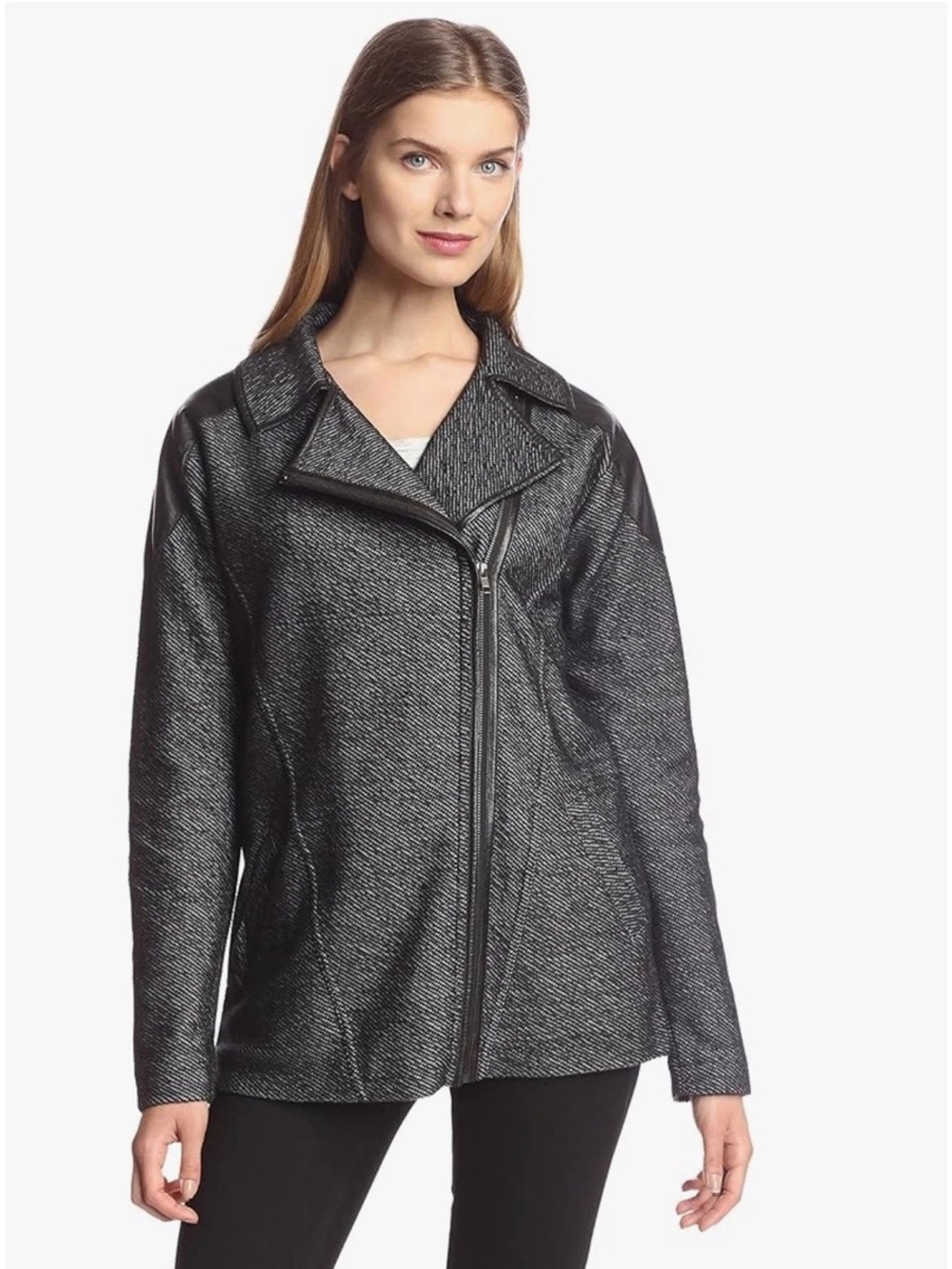 Michael Stars Charcoal Tweed Moto Jacket Leather Trim Asymmetric Zip Size M